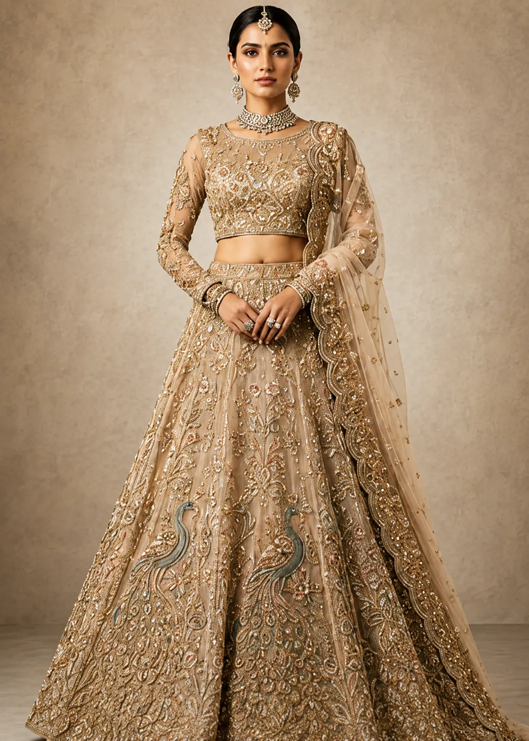 Soft Fawn Sitara Embroidered Lehenga with Peacock Motifs