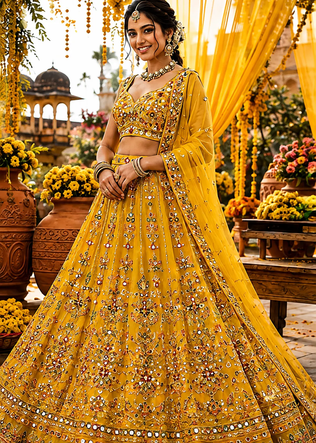 Yellow Georgette Mirror Embroidery Work Lehenga Choli