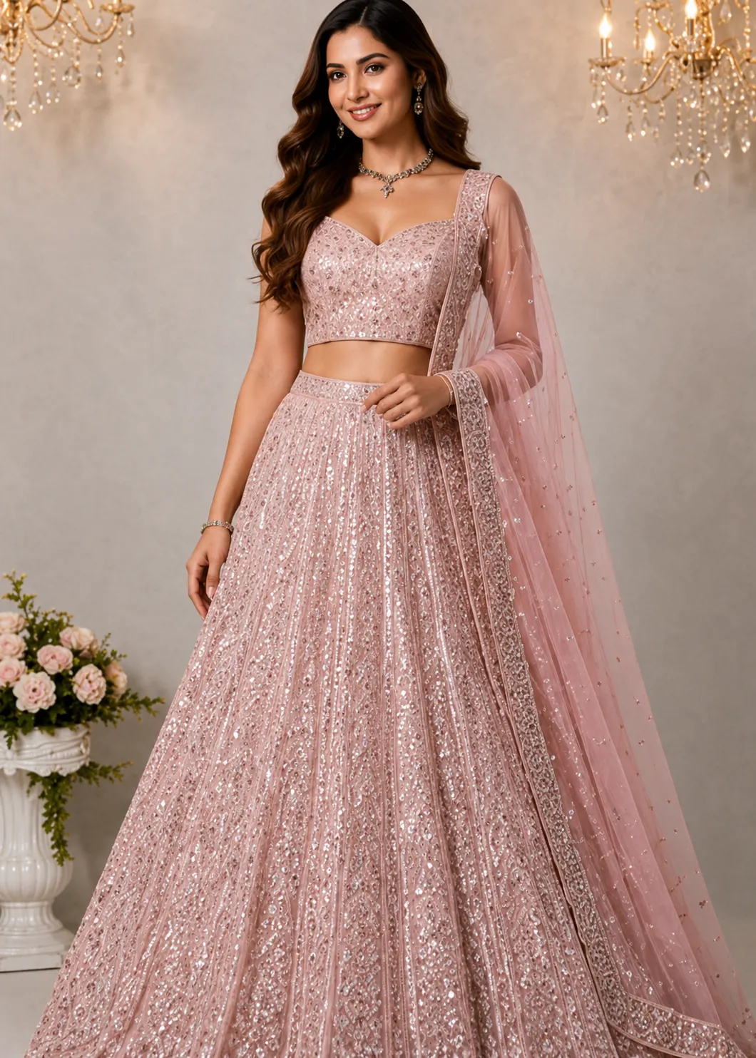 Baby Pink colored georgette lehenga choli