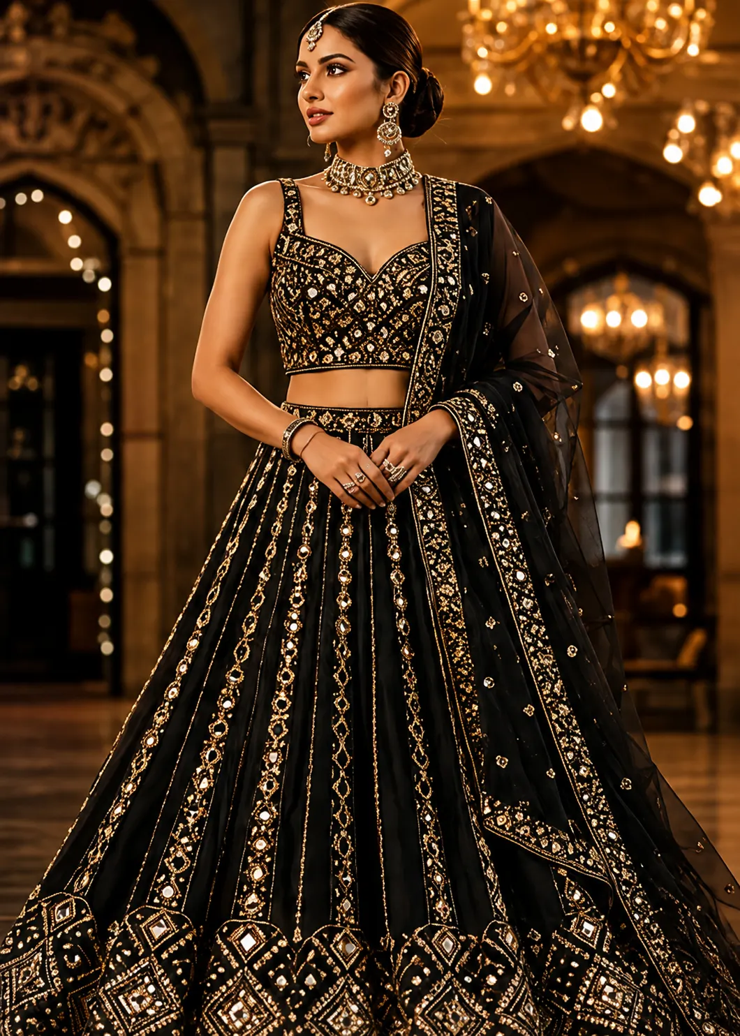 Black organza silk wedding mirror look lehenga choli