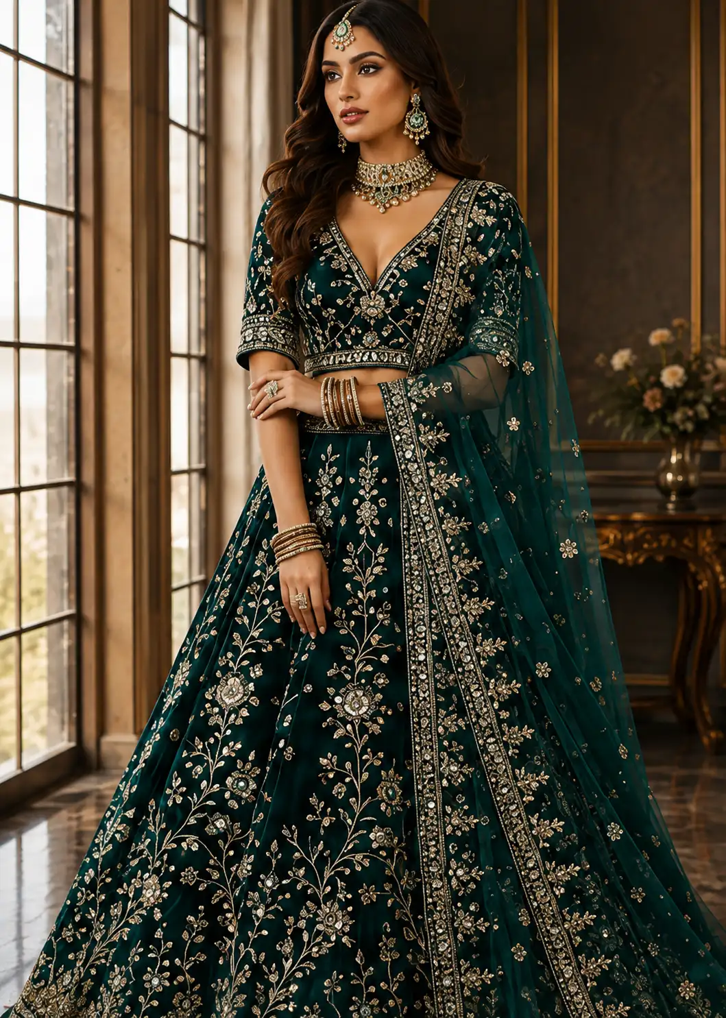 Bottle green colored designer velvet lehenga choli