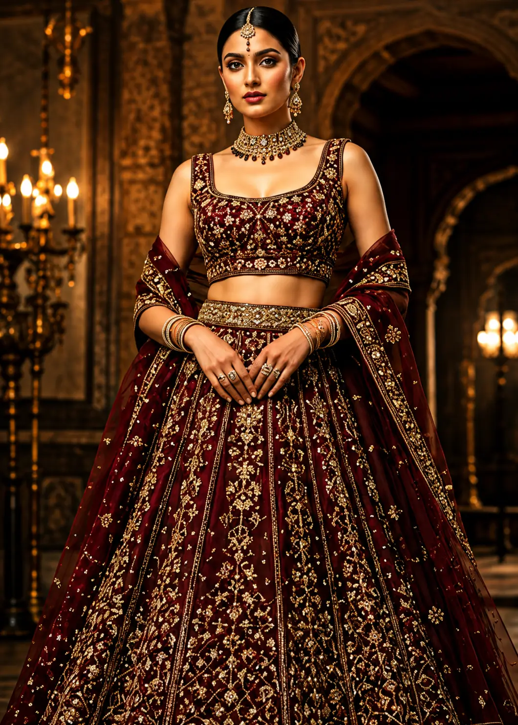 Dark maroon taffeta silk embroidered designer lehenga choli