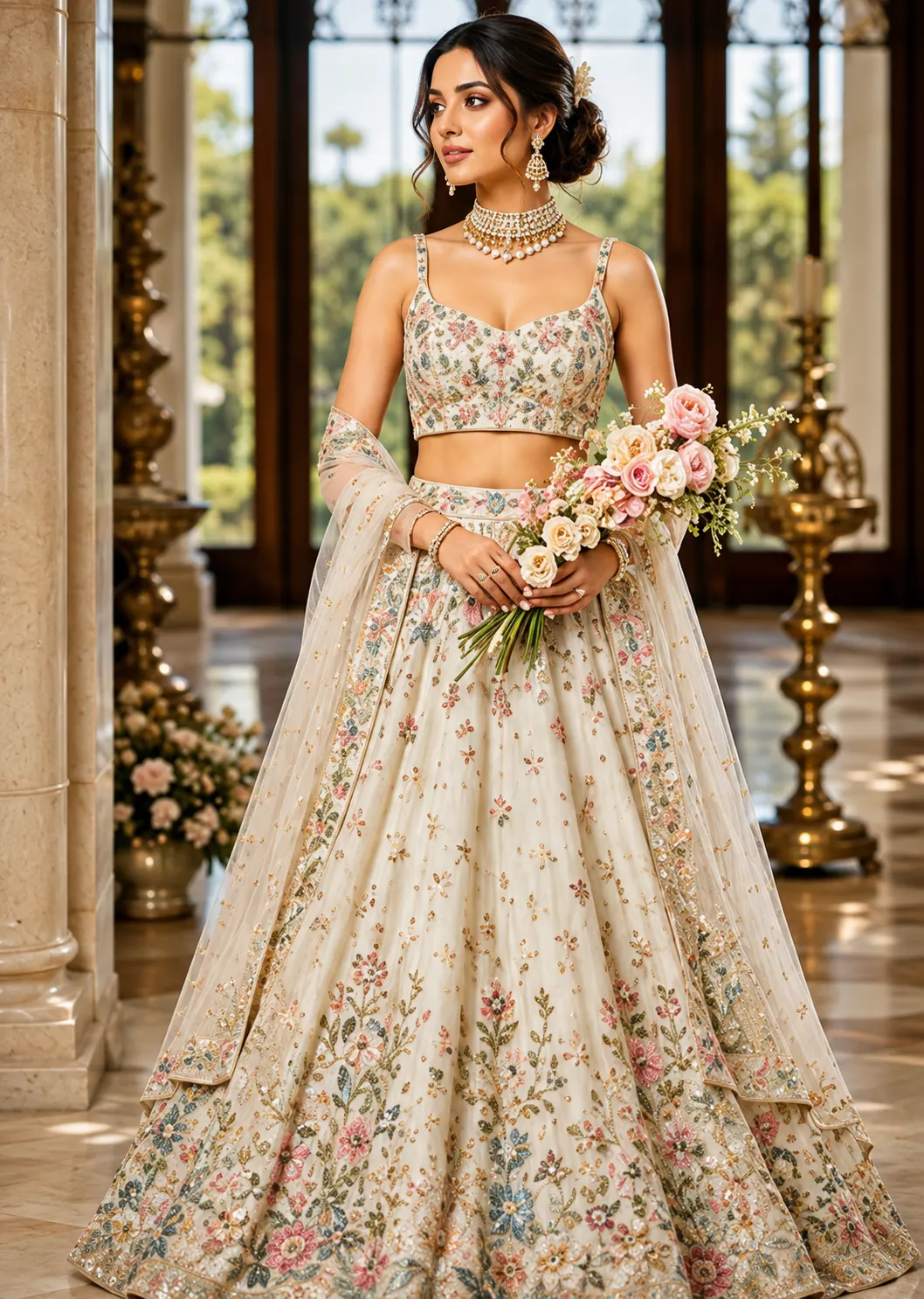 Cream color georgette embroidery lehenga choli