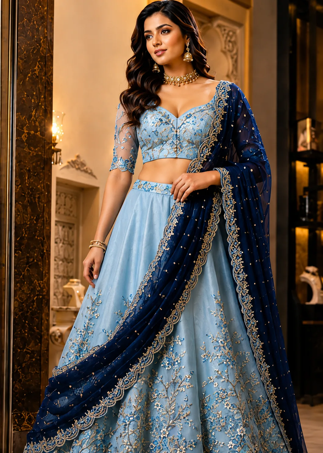  Embroidered Semi Stitched Lehenga Choli (Blue)