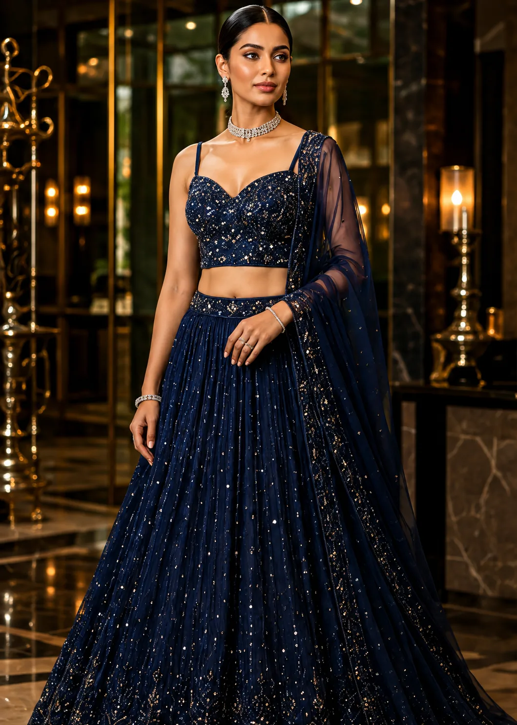 Blue Georgette Embroidered Lehenga Set