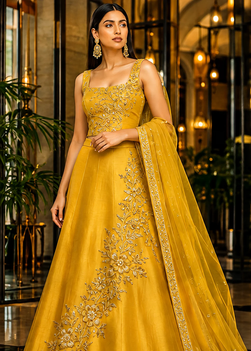 Yellow Art Silk Embellished Skirt Set