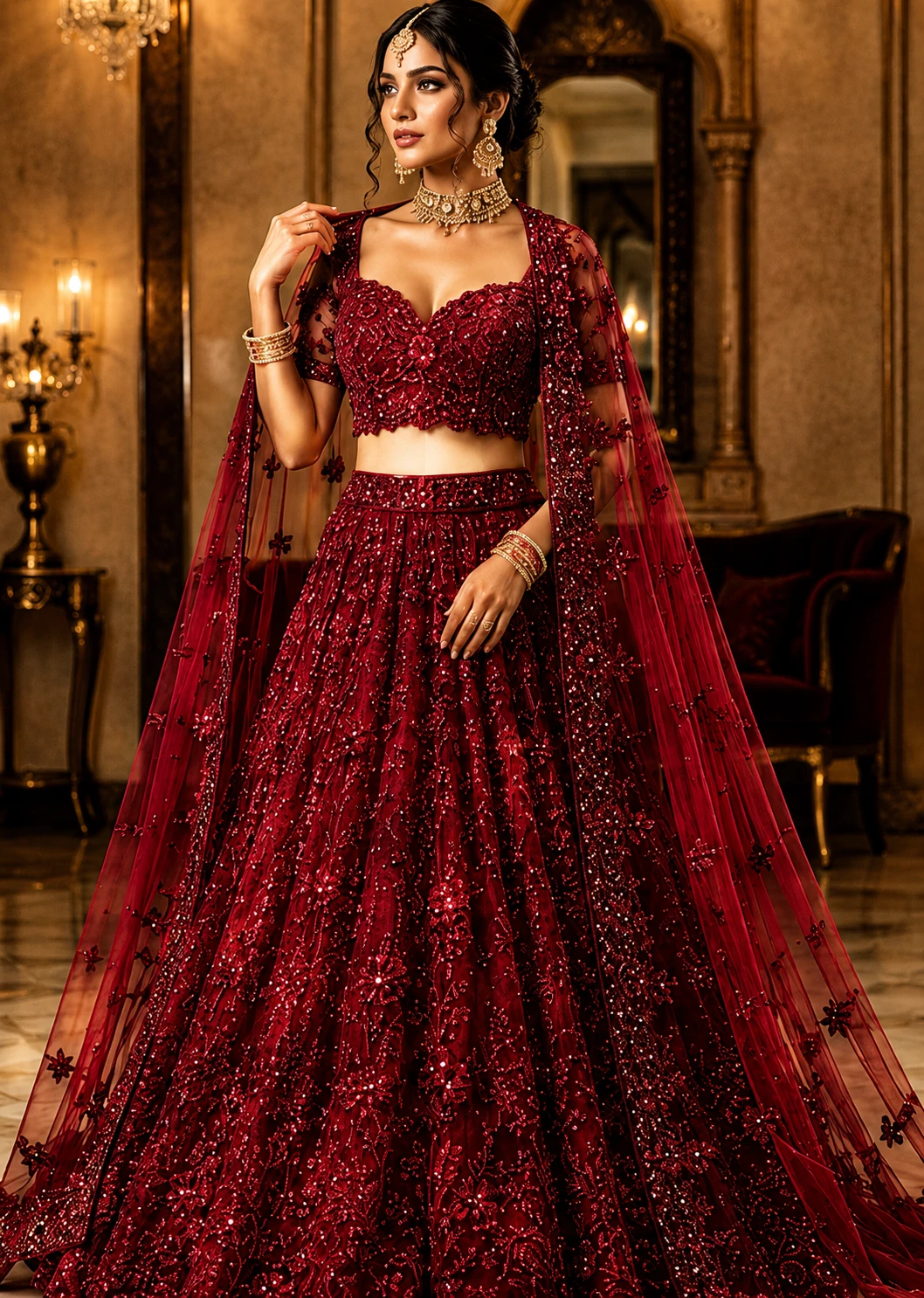 Red Butterfly Net Embroidered Sequins Lehenga Choli for Women & Girls