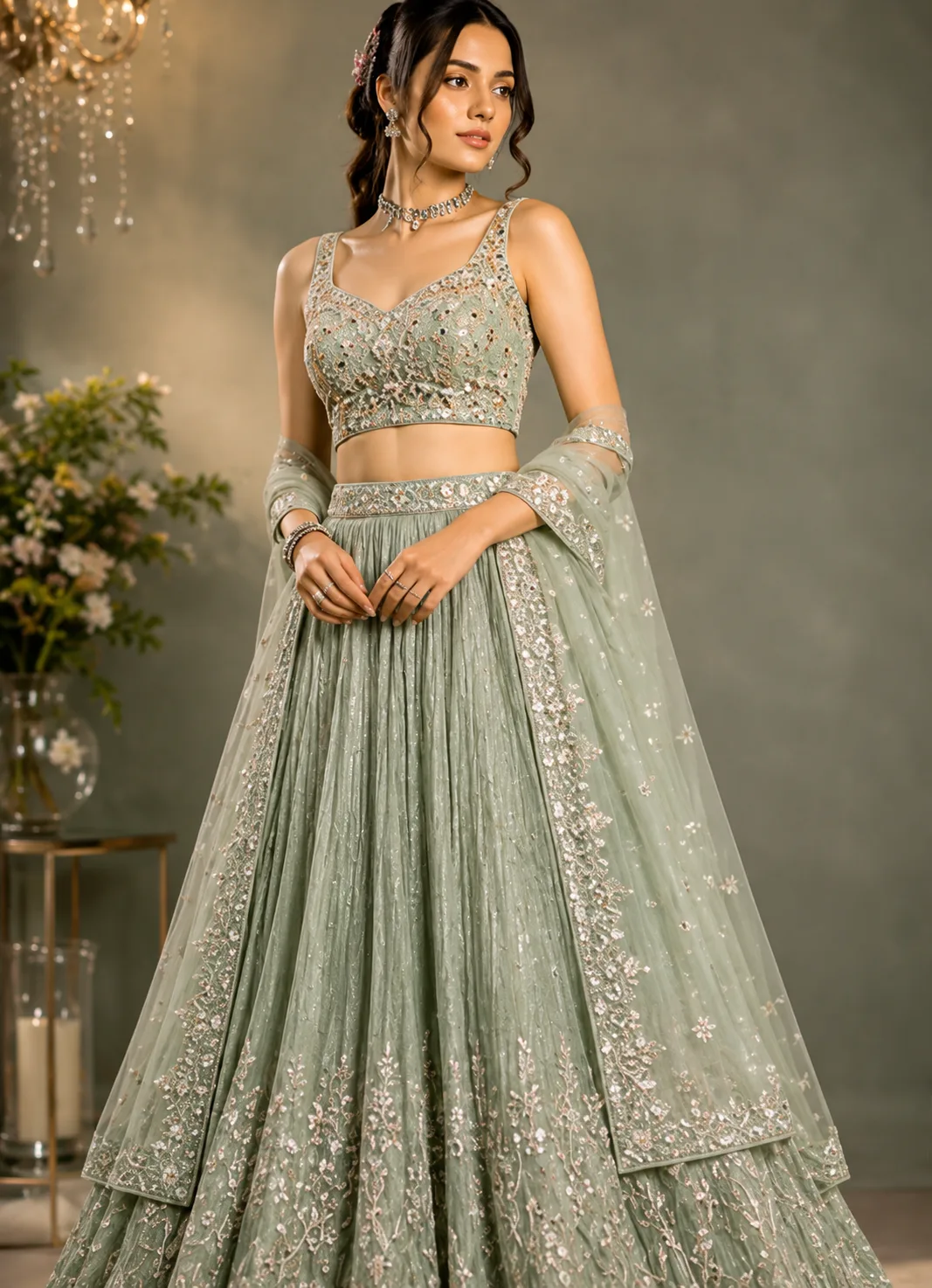 Sea Green Party Wear Georgette Crush Work Lehenga Choli