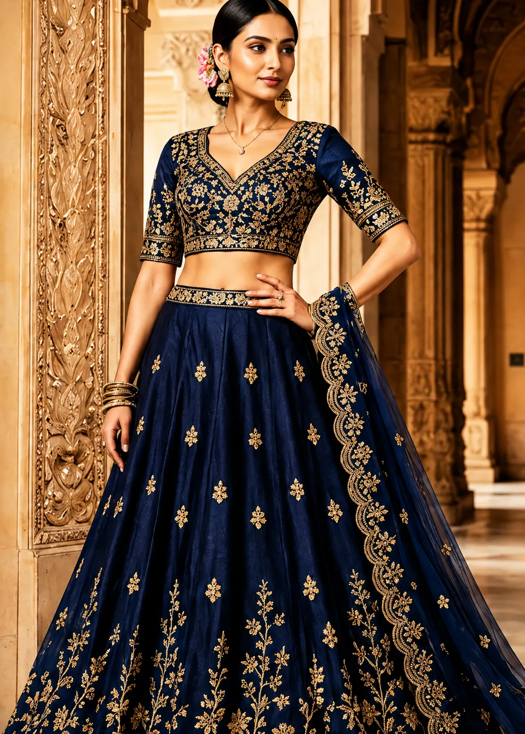Embroidered Semi Stitched Lehenga Choli (Dark Blue)