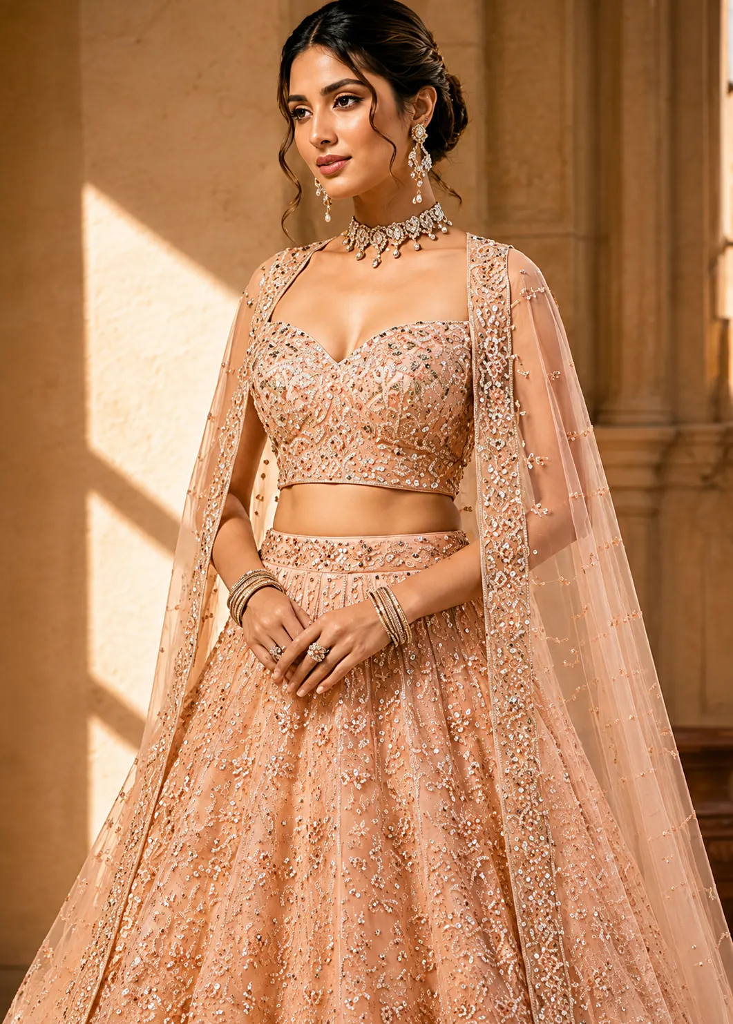 Light Peach Resham Embroidered Braidsmaids Lehenga with Sweetheart Neck