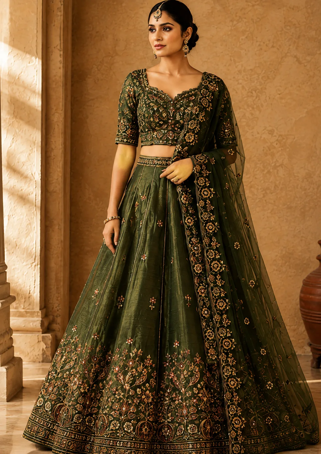 Green Silk Engagement Lehenga with Embroidered Elbow Sleeve Blouse