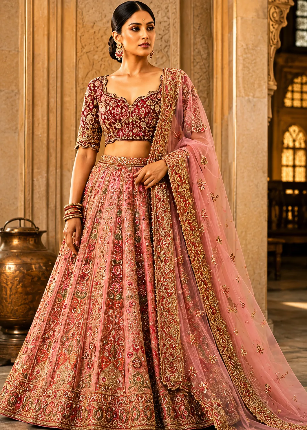 Pink and Red Resham Embroidered Silk Wedding Lehenga with Elbow Sleeves