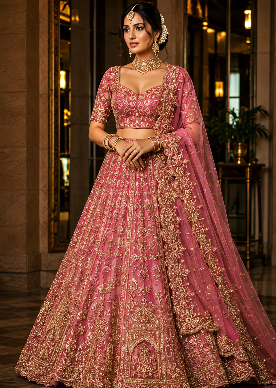 Pink Zardosi Embroidered Tissue Bridal Lehenga with Unstitched Blouse