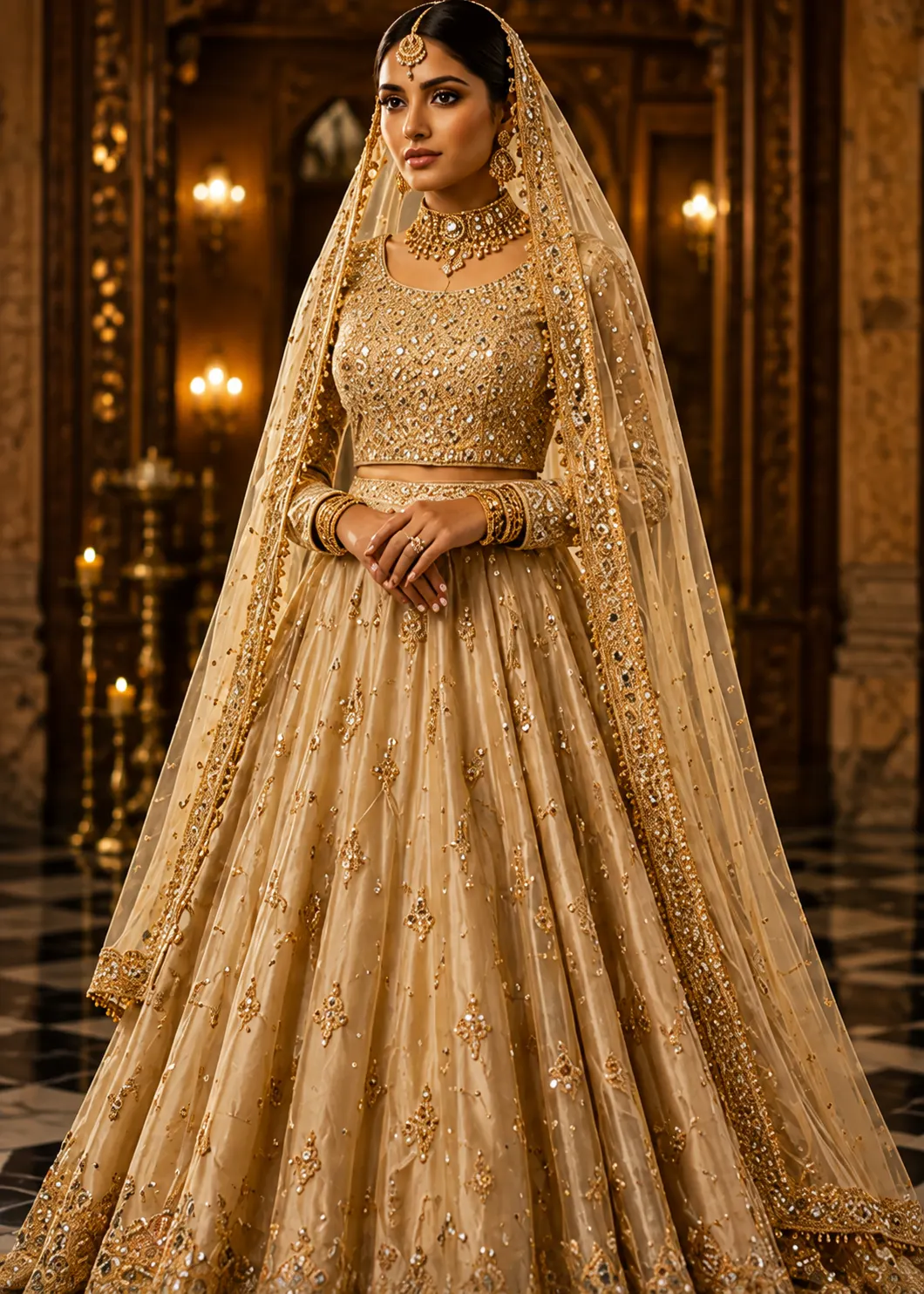 Gold Tissue Designer Lehenga with Embroidered Round Neck Blouse