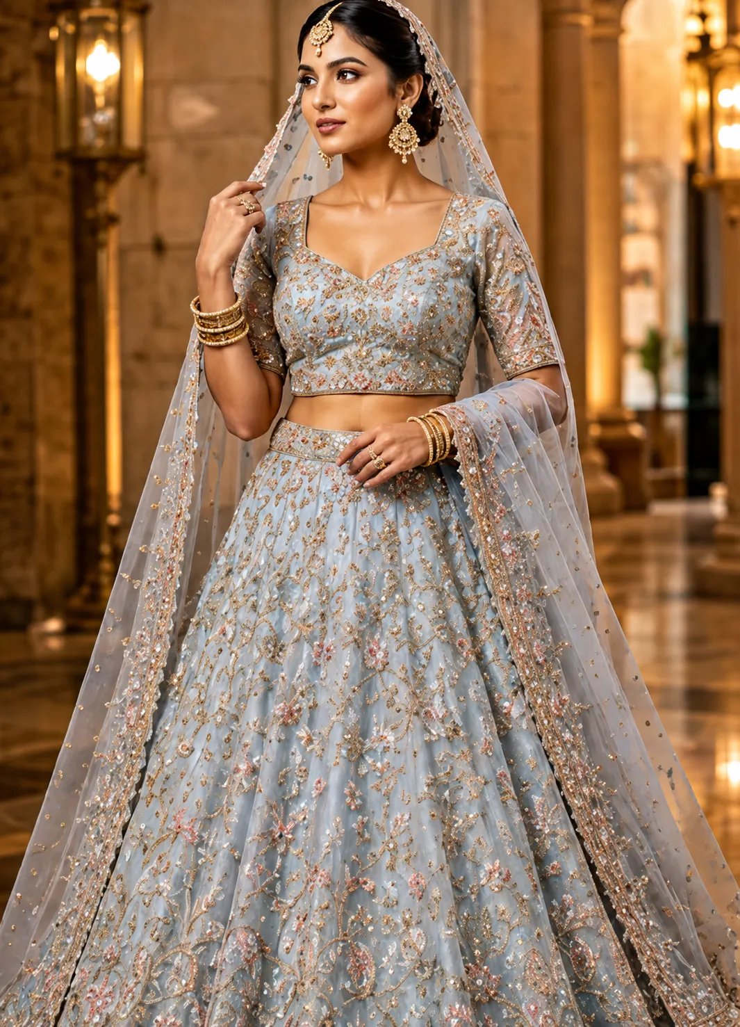 Light Blue Zari Embroidered Tissue Designer Lehenga with Pentagon Neck Blouse