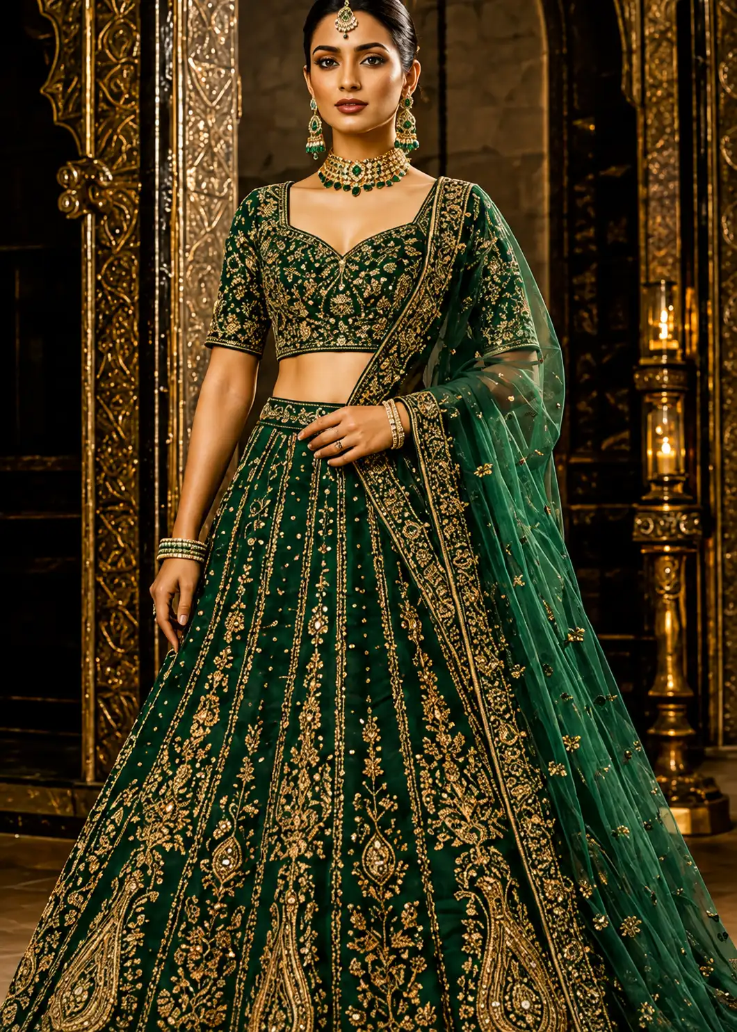 Green Zari Embroidered Silk Mehendi Lehenga with Elbow Sleeves Blouse