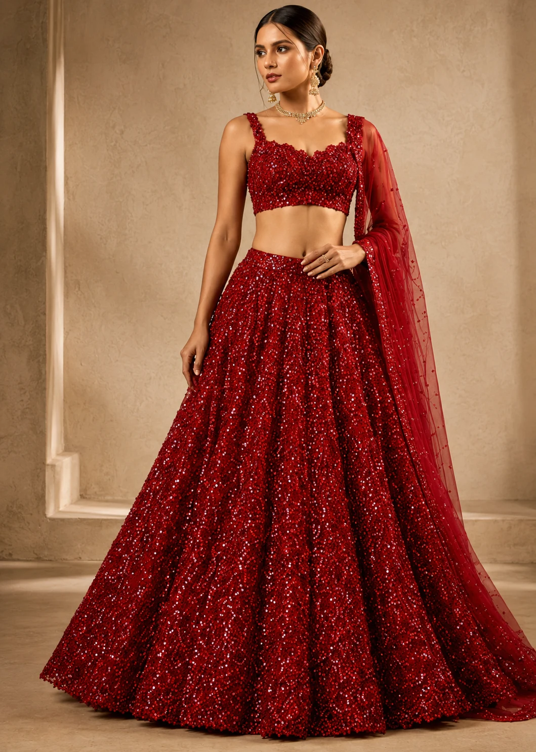 Red Sequins Embroidered Net Sangeet Lehenga with Strap Sleeves Blouse