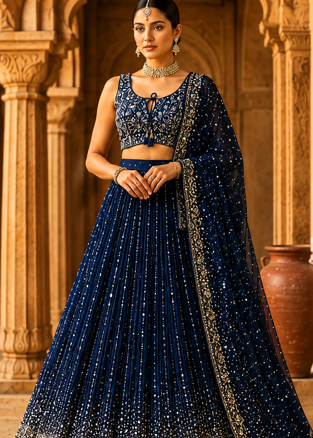 Navy Blue Crepe Sangeet Lehenga with Embroidered Sleeveless Blouse and Draped Dupatta