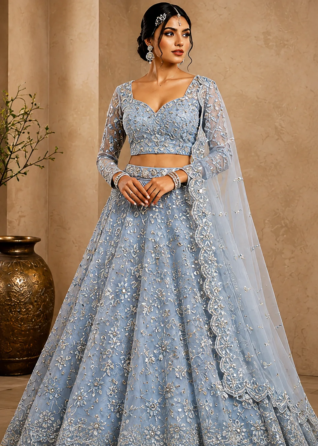 Blue Net Designer Lehenga with Embroidered Full Sleeve Blouse