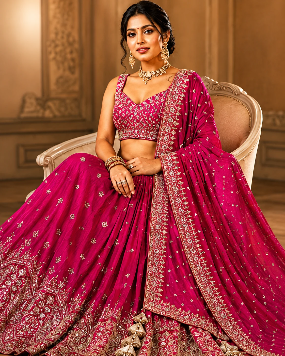 Magenta Pink Zari Embroidered Designer Lehenga with Reaymade Blouse