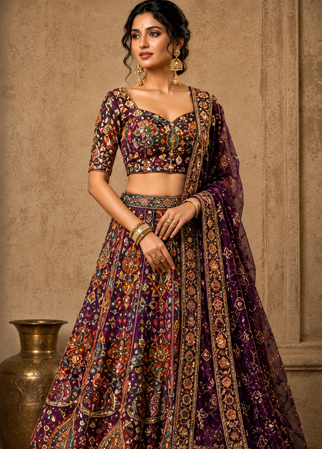 Multicolor Resham Embroidered Georgette Bridesmaids Lehenga with Elbow Sleeves Blouse