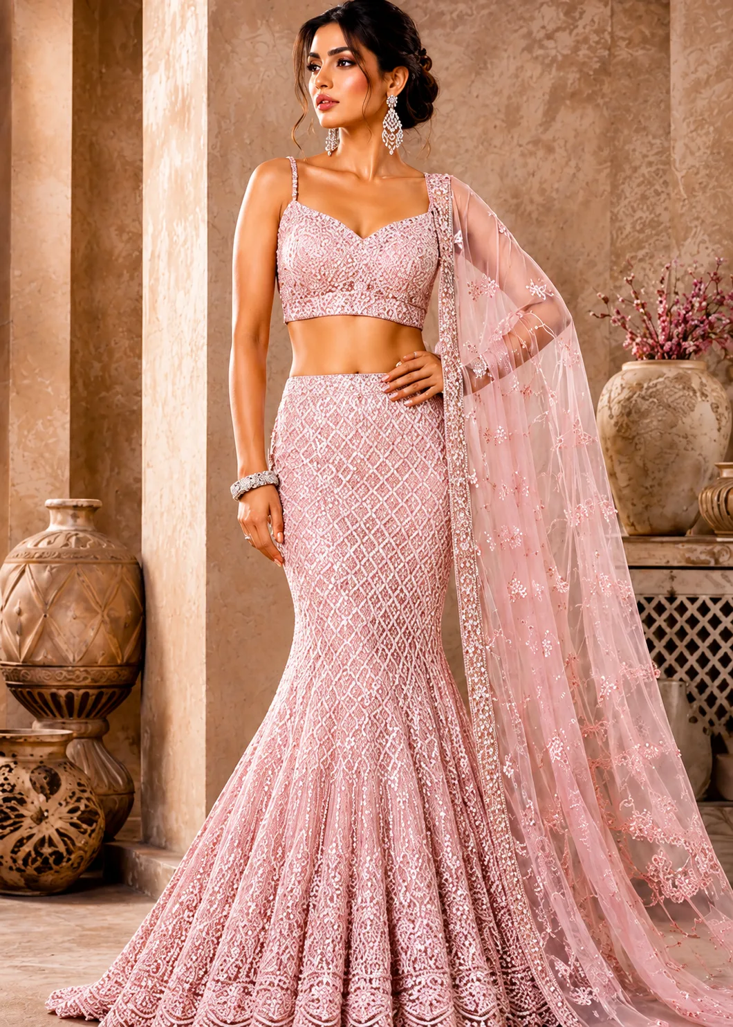 Pastel Pink Sequins Embroidered Net Fish Cut Lehenga with Sweet Heart Neck