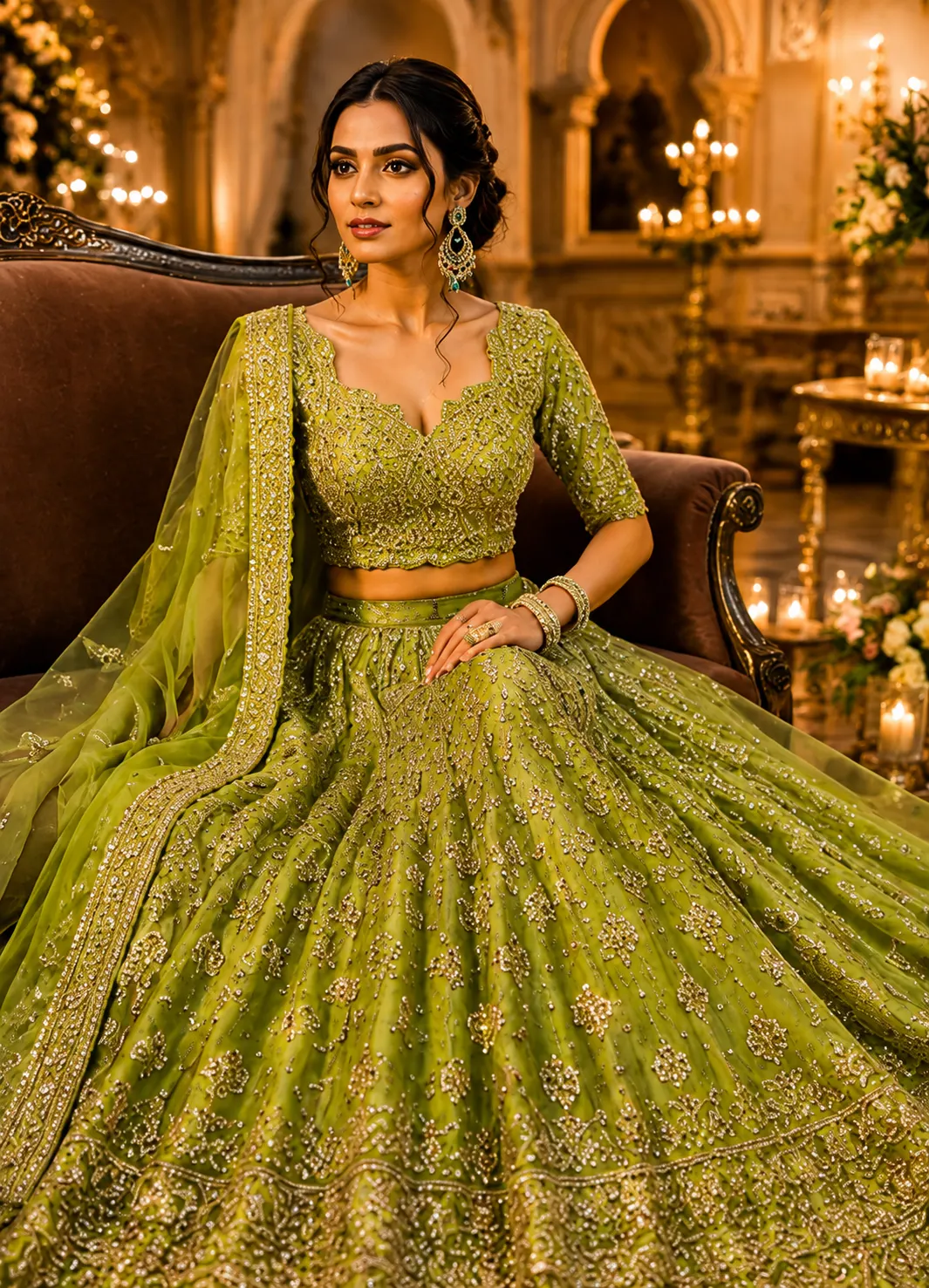 Parrot Green Sequins Embroidered Banarasi Silk Reception Lehenga with Leaf Neck Blouse