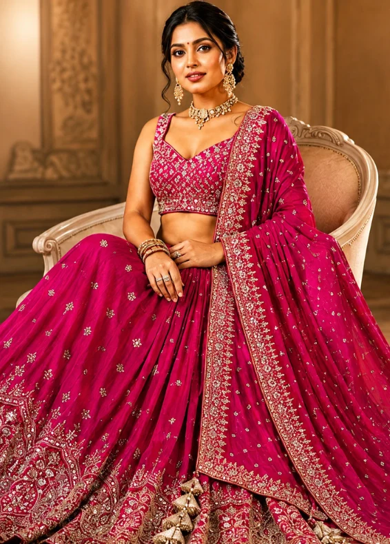 Magenta Pink Zari Embroidered Designer Lehenga with Reaymade Blouse