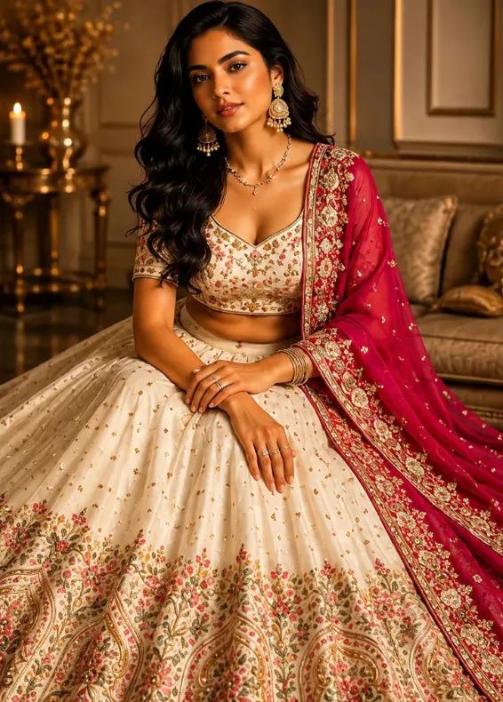 Women's Chinnon Traditional Motiff Semi-Stitched Lehenga Choli With Dupatta
