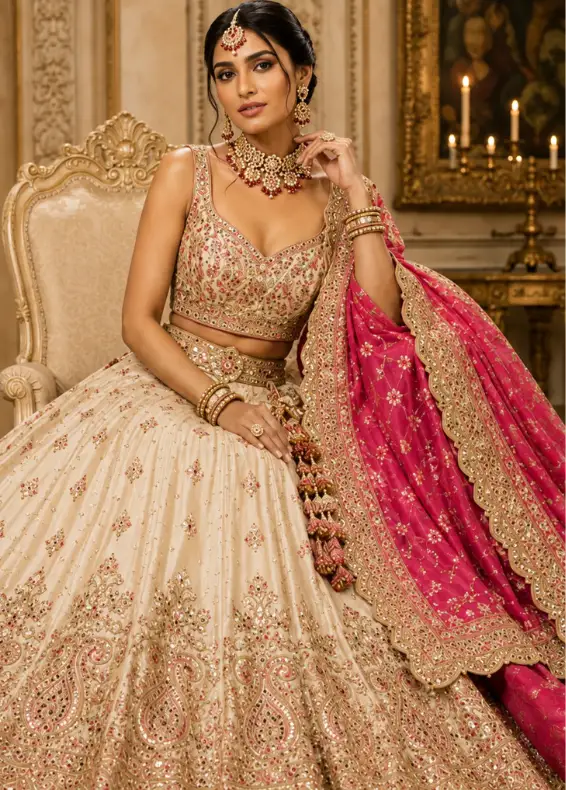 Pink and Cream Chinon Lehenga with Hand Embellished Skirt