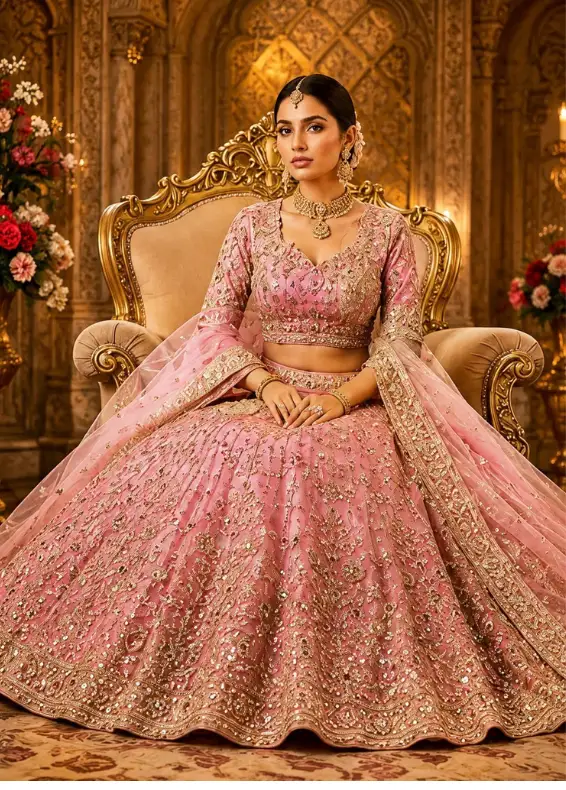 Pink Sequins Embroidered Silk Bridal Lehenga with Elbow Sleeves Blouse