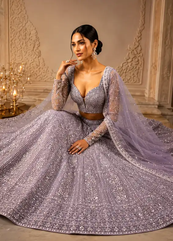 Grey Lavender Net Reception Lehenga with Embroidered Full Sleeve Blouse