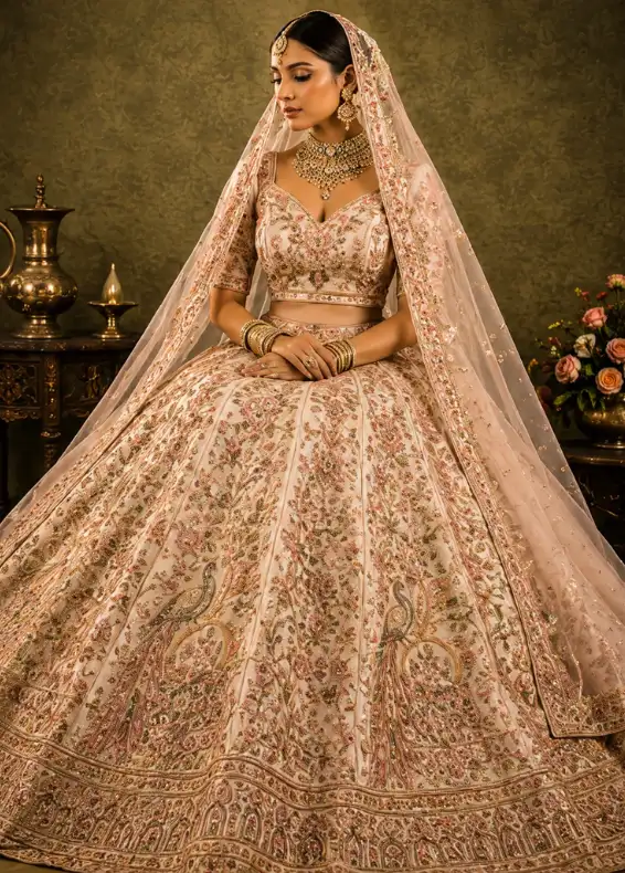 Cream Pink Panel Style Raw Silk Bridal Lehenga with Leaf Neck Blouse