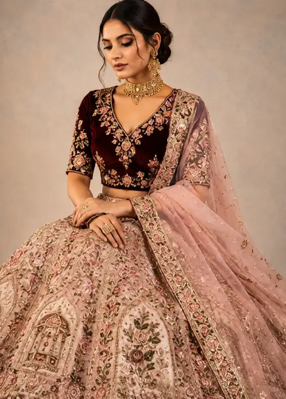 Pink Beige Sequins Embroidered Raw Silk Exclusive Bridal Lehenga With Double Dupatta