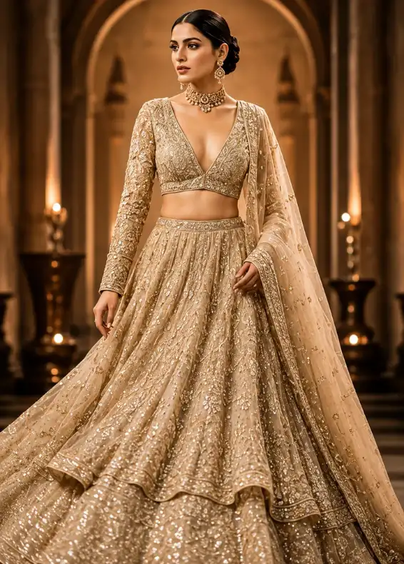 Beige Net Engagement Lehenga with Embroidered Full Sleeve Blouse