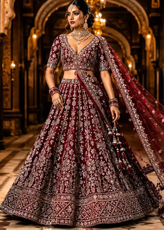 Maroon Zariwork (Silver) Banarasi Readymade Lehenga