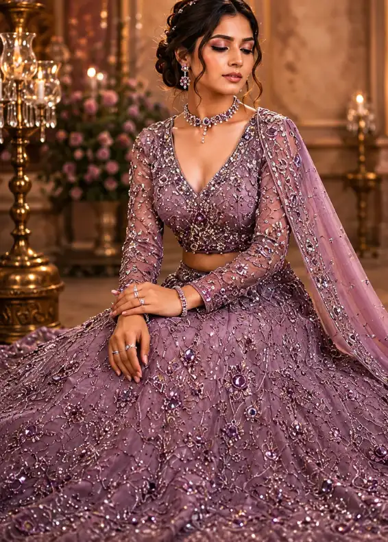 Mauve Cording Georgette Readymade Lehenga