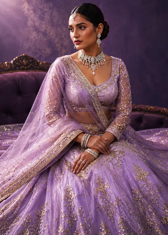 Lavender Zariwork Tissue Semi-Stitched Lehenga
