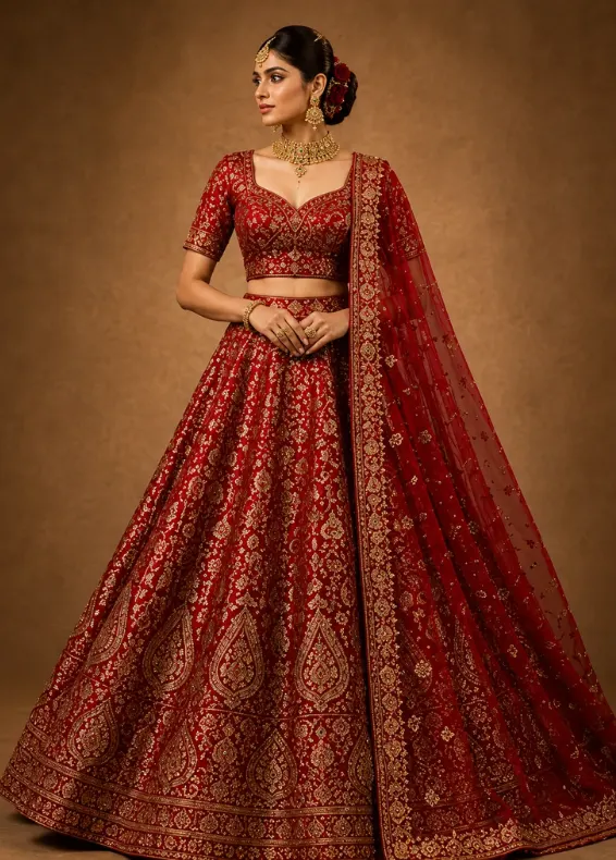 Red Zardosi Brocade Readymade Lehenga