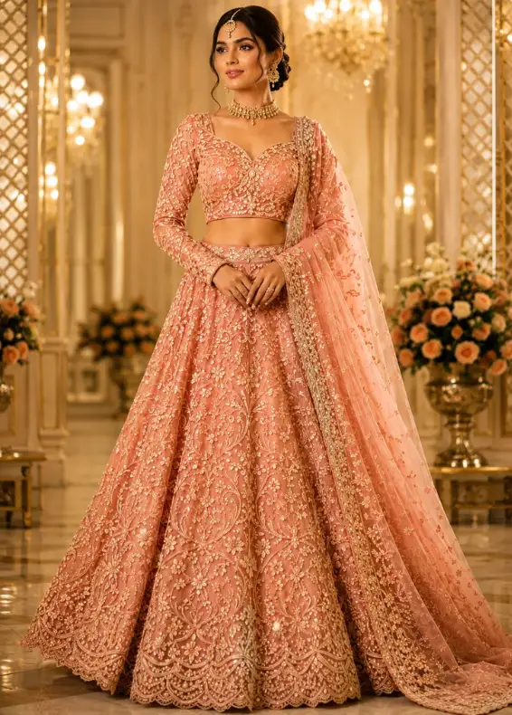 Peach Cording Net Readymade Lehenga