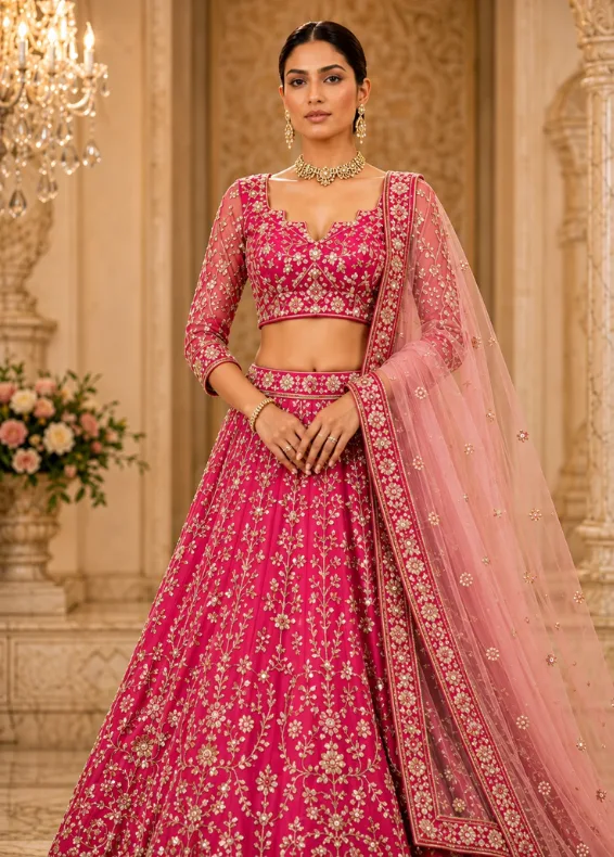 Rani Pink Zariwork Velvet Readymade Lehenga