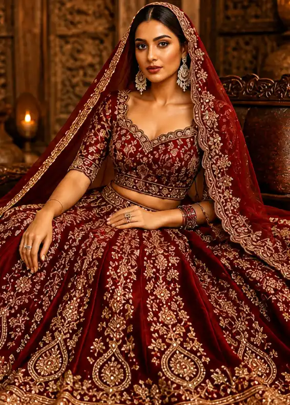 Maroon Zardosi Embroidered Silk Reception Lehenga with Scalloped Neck