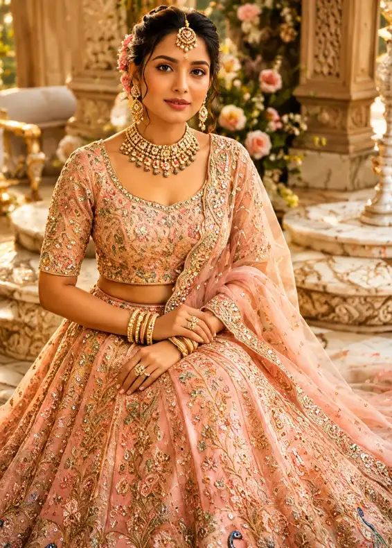 Pink Sequins Embroidered Silk Reception Lehenga with Leaf Neck Blouse