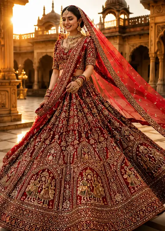 Red Silk Bridal Lehenga with Round Neck Blouse and Double Dupatta