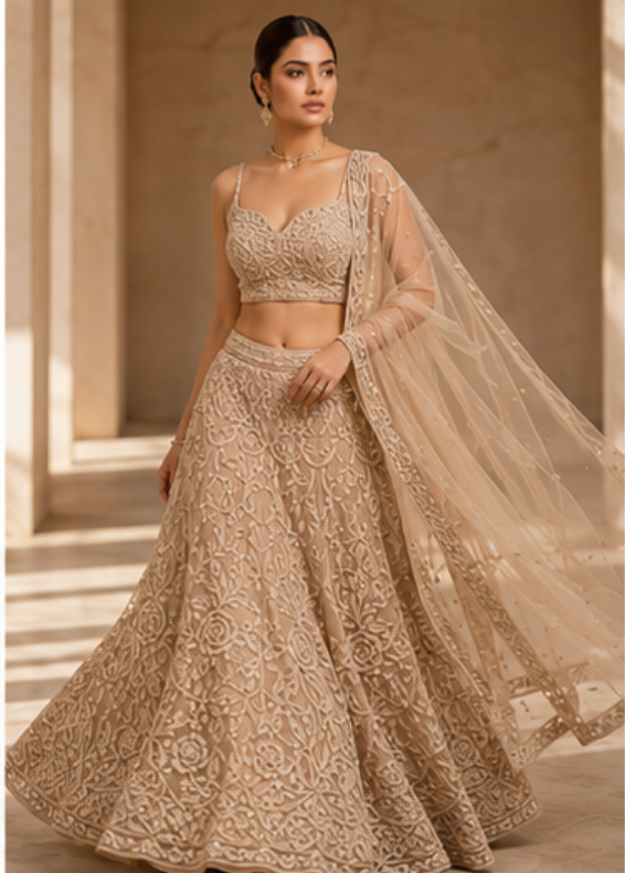 Beige Cording Net Readymade Lehenga