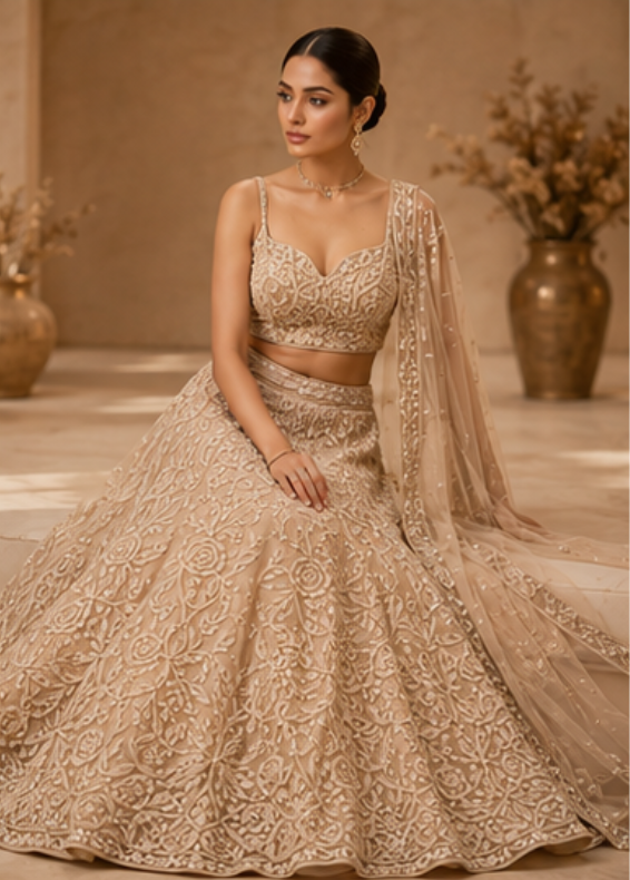 Beige Cording Net Readymade Lehenga