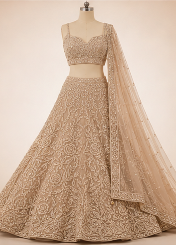 Beige Cording Net Readymade Lehenga