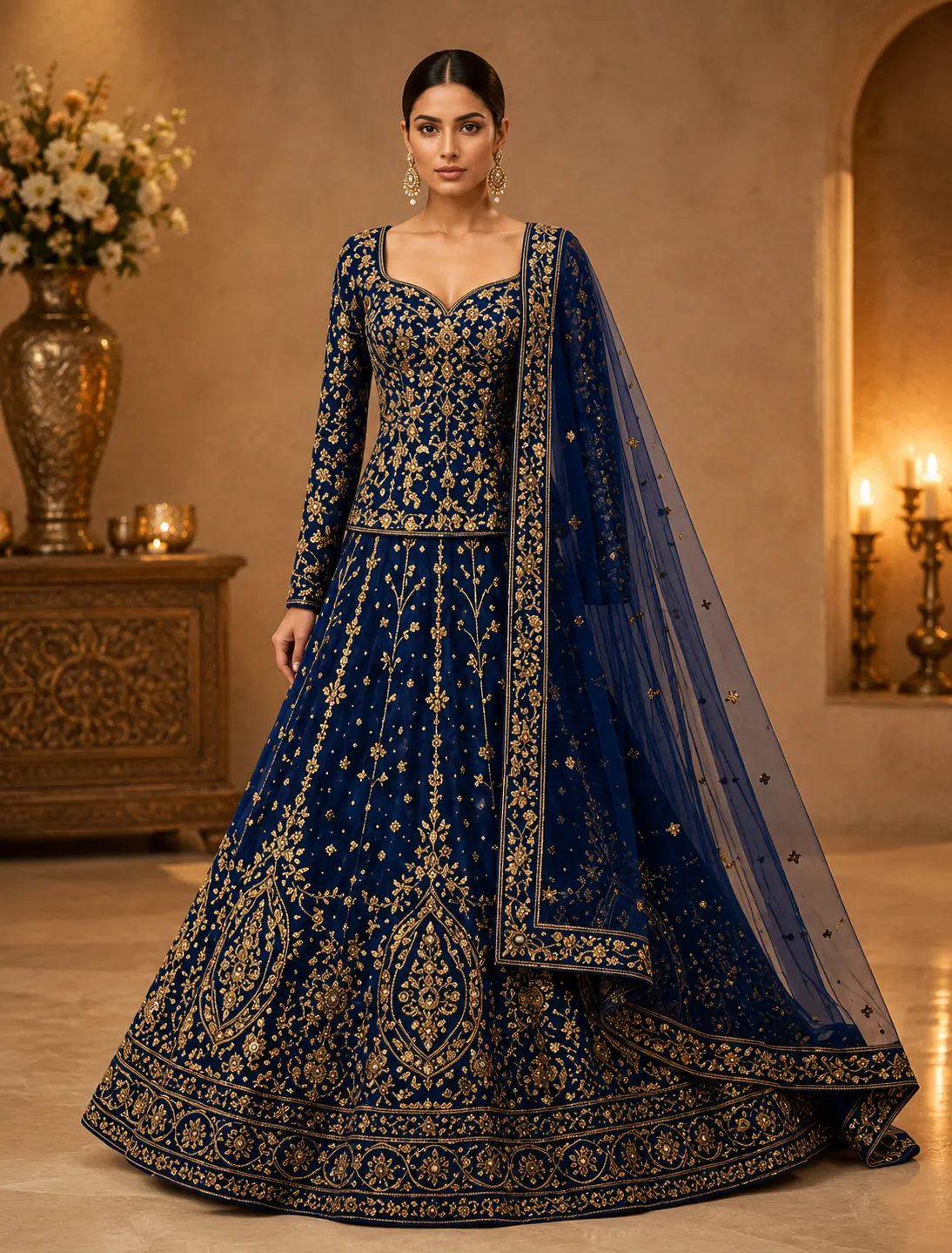 Navy Blue Zari work Net Semi-Stitched Lehenga