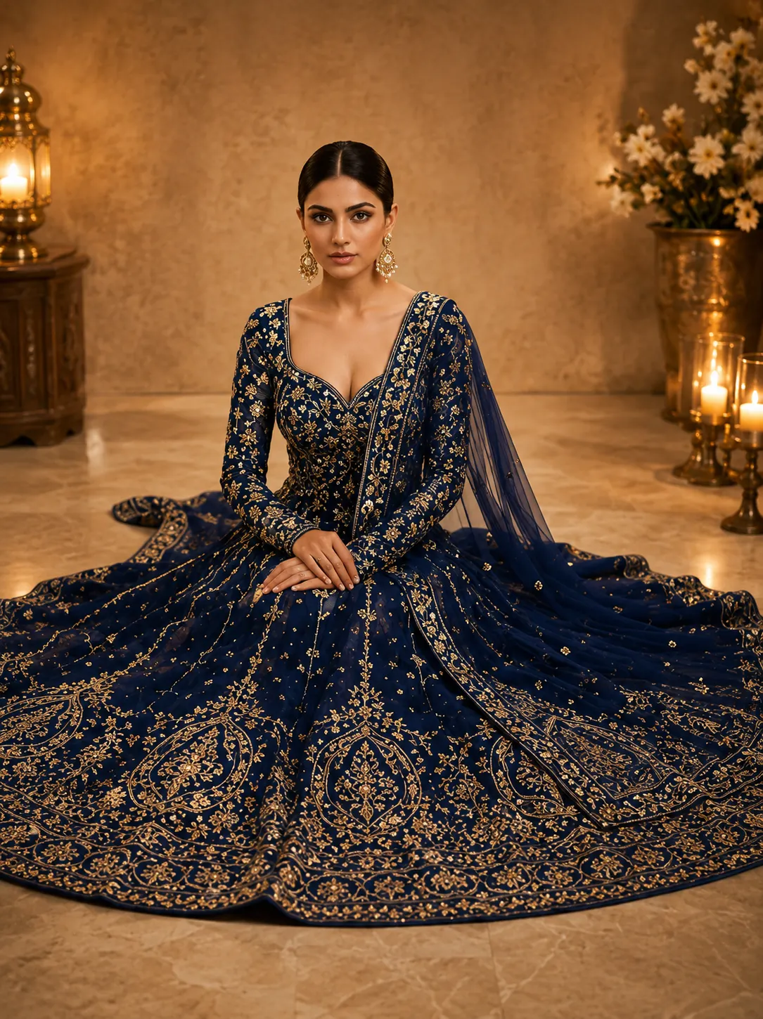 Navy Blue Zari work Net Semi-Stitched Lehenga