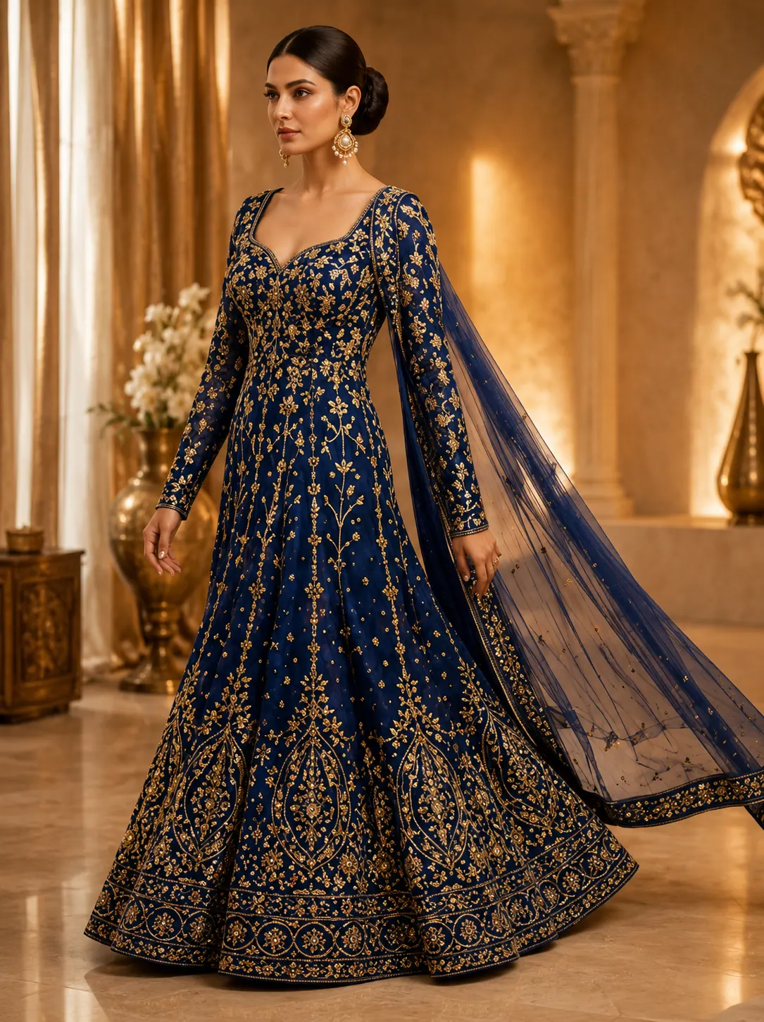 Navy Blue Zari work Net Semi-Stitched Lehenga